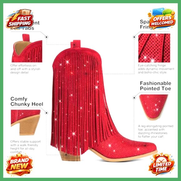Rhinestone Cowboy Boots Sparkly Fringe Western Chunky Heel Pointed Toe - Picture 6 of 7